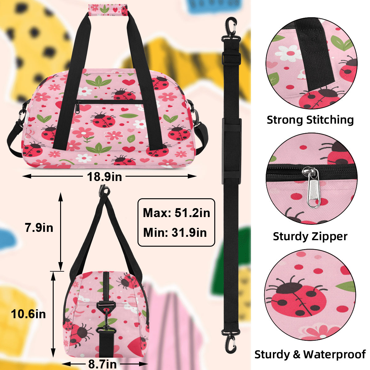 Herdesigns Sports Duffle Bags Travel Duffle Bag Gym Bag Floral Ladybugs Weekender Travel Bag Waterproof Overnight Bag Carry On Travel Tote Bag Dance Bags