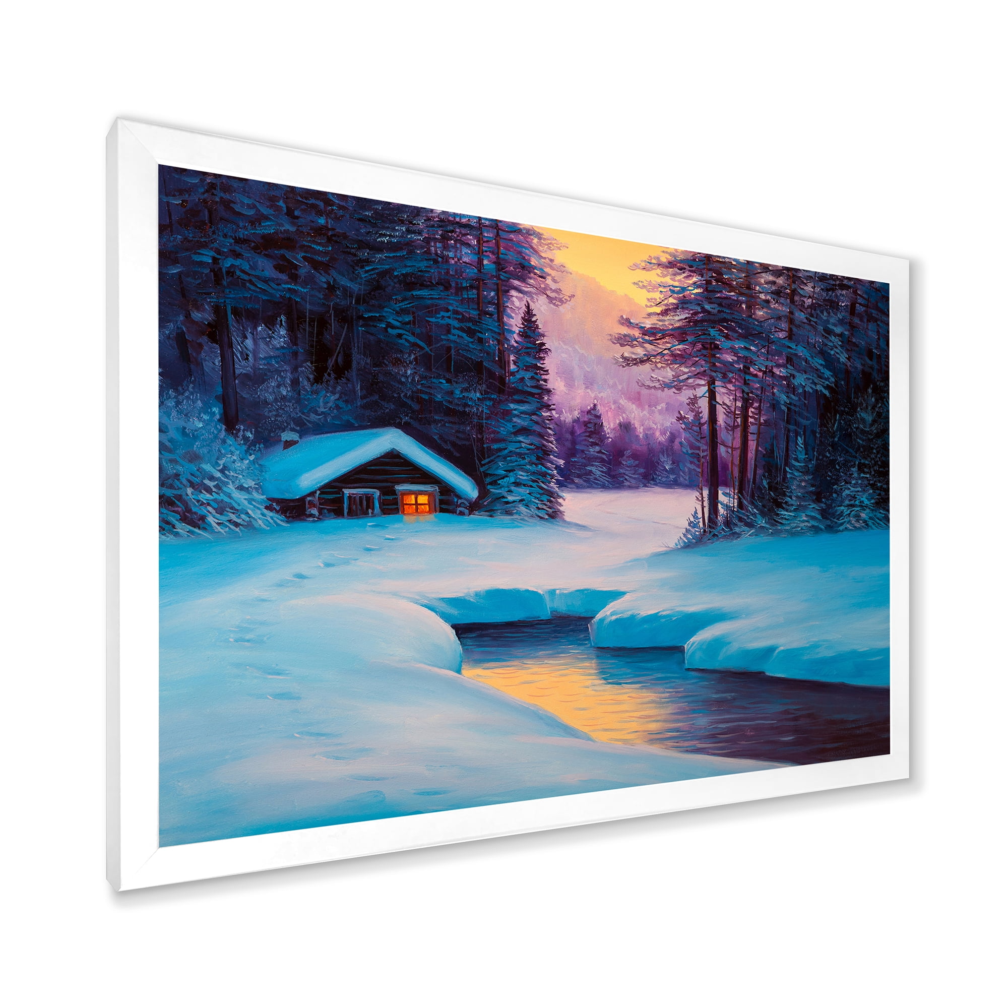 Designart 'Old Cabin In Winter Forest In Evening Glow II' Traditional Framed Art Print