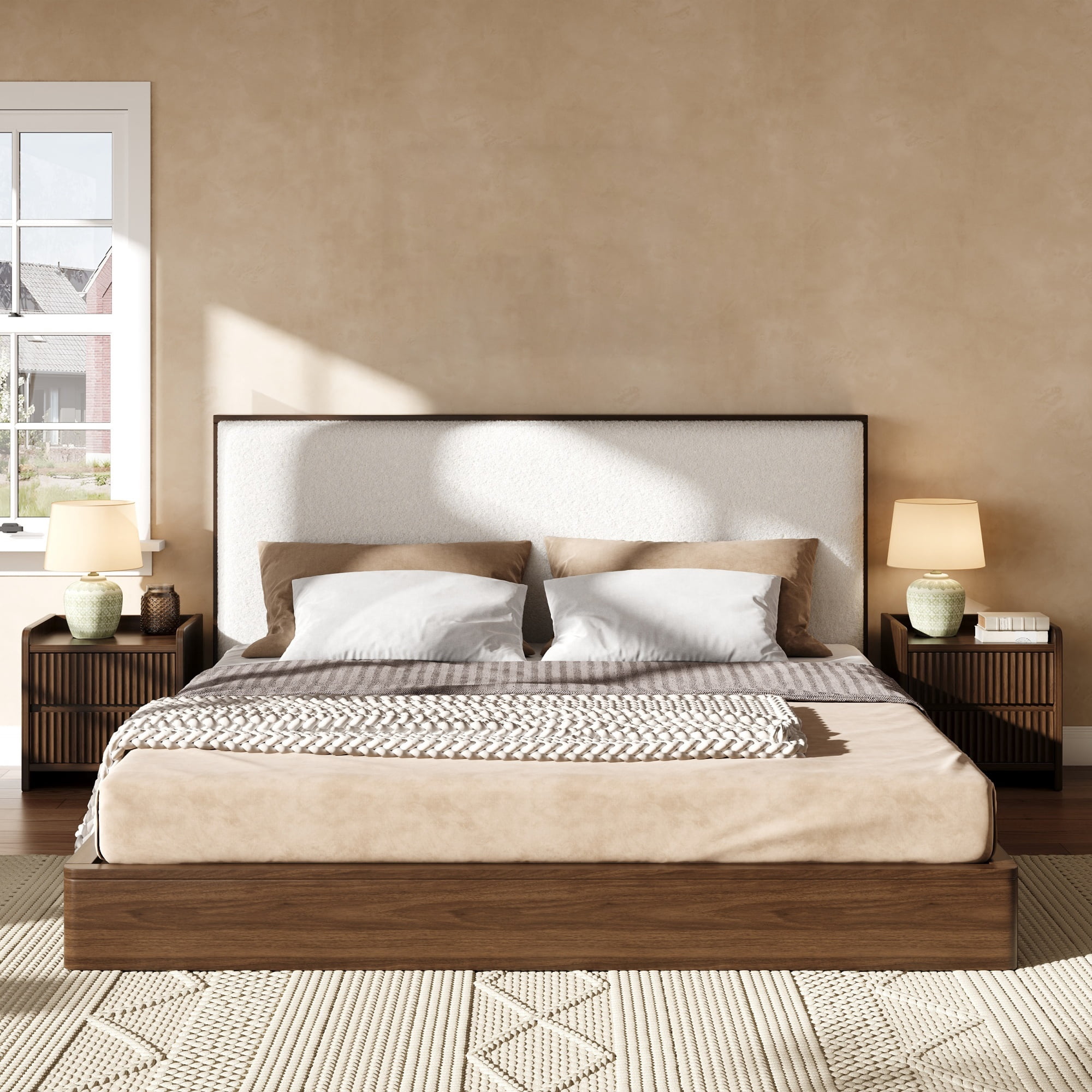 Euroco Wood King Size Platform Bed with Bouclé Upholstered Headboard, No Box Spring Needed, Walnut