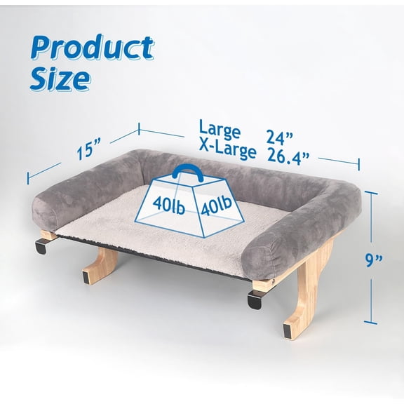 24"W Natural Wood/Gray Cat Window Perch - Orthopedic Hammock with Bolster, Premium Hardwood & Metal Frame for Large Cats/Kittens