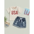 thumbnail image 2 of Bagilaanoe 0-3T Baby Girl 4th of July Outfits Infant Independence Day Short Sleeve Letter Print Tees Tops Ripped Denim Shorts Summer Clothes Set, 2 of 8