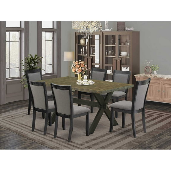 East West Furniture X676MZ650-7 7 Pc Dinette Set - Distressed Jacobean Kitchen Table with 6 Dark Gotham Grey Dining Chairs - Wire Brushed Black Finish