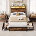 thumbnail image 6 of Bolvdo Twin Size Bed Frame with 2-Tier Bookcase Headboard, Charging Station & LED Lights, 4 Storage Drawers, Heavy-Duty Metal Support, Noise-Free, No Box Spring Needed, Brown, 6 of 7