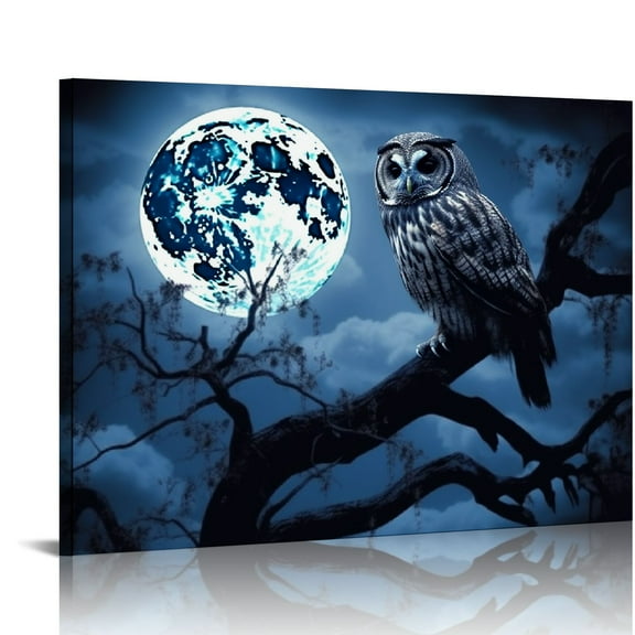 Shiartex Animal Canvas Wall Art Owl on the Tree Branch Picture Painting Full Moon Night View Artwork Prints Modern Home Wall Decor for Living Room Office Bathroom Decor Ready to Hang 20x16 in/16x12 in
