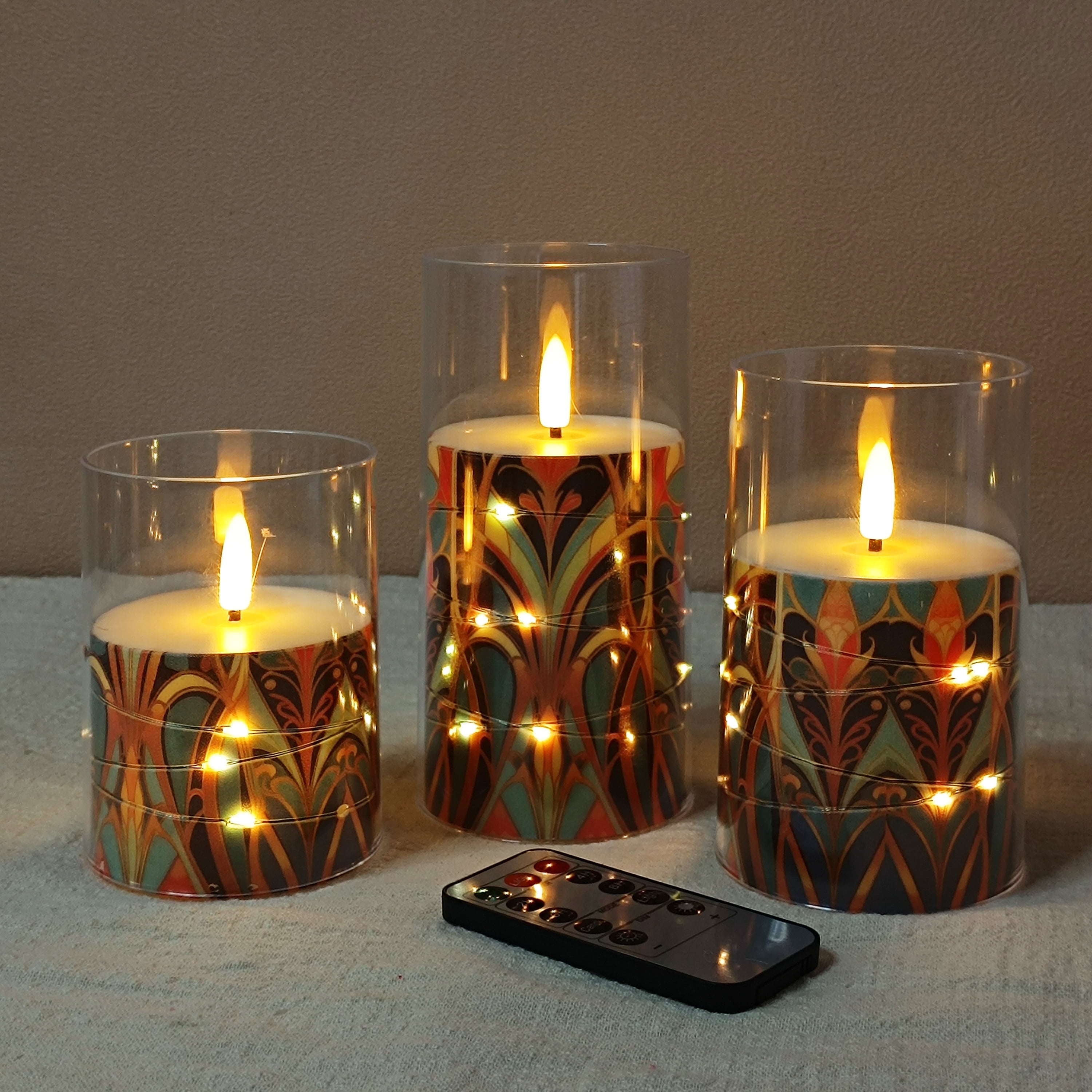 Flameless Candles with String Lights LED Candle Battery Operated Candles with Remote Control,Printed Pillar LED Candles for Wedding Holiday Party Table Home Decorations,Set of 3