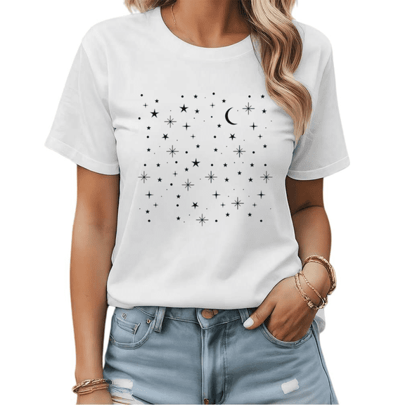 Retro Oversized Moon and Stars Graphic Tees Women's Comfy Mystical Tops