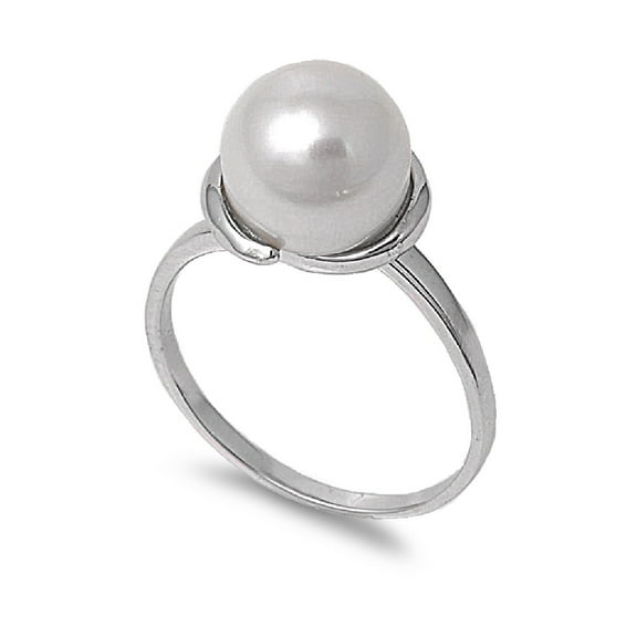 Classic Solitaire Simulated Pearl Cubic Zirconia Ring Sterling Silver 925 Size 5