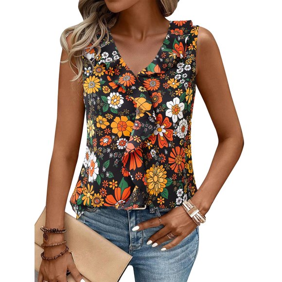 Camisetas sin mangas Gaharu para mujer, blusa con volantes, negra, XXL