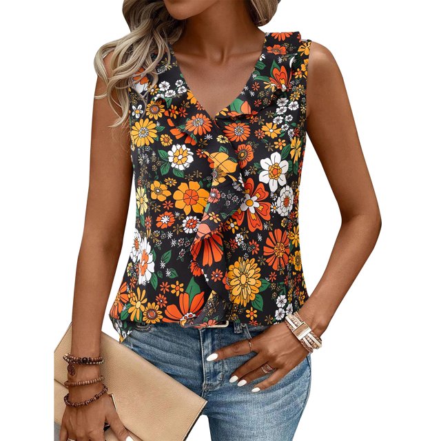 Camisetas sin mangas Gaharu para mujer, blusa con volantes, negra, XXL