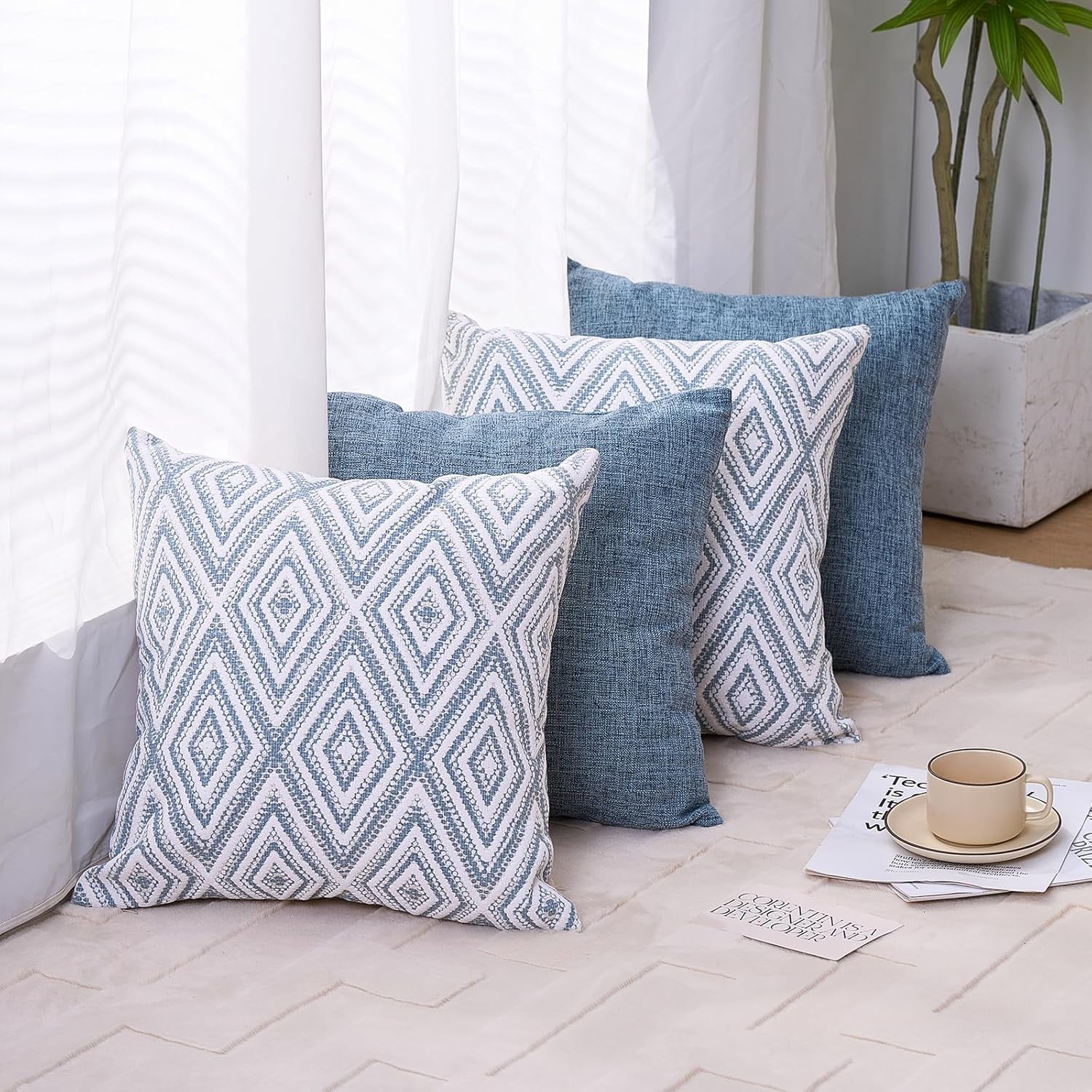 SUSIELADY Throw Pillow Covers Set of 4, 20"x20" Linen Decorative Square Couch Sofa Cushions, Accent Home Decor, Living Room, Bedroom, Chair, Blue
