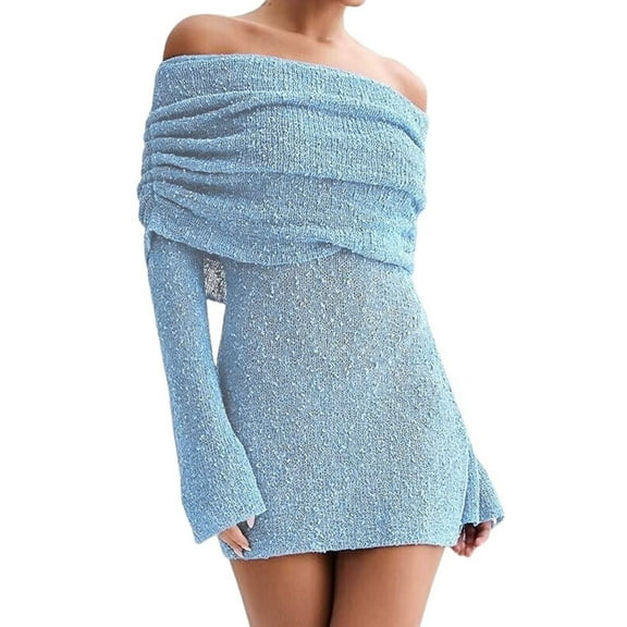 Women'S Off Shoulder Mini Skirt Bodycon Long Sleeve Crochet Out Going Mesh Elegant Sweater Dress Light Blue S