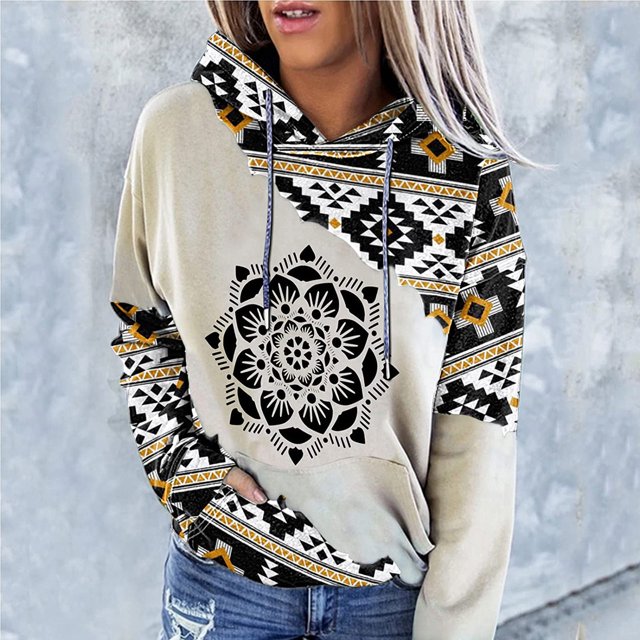 Women Geometric Print Sweatshirt Hooded Stitching Printed Loose Tops Blouse