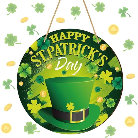 HELLOYOUNG St. Patrick's Day Front Door Sign Happy St. Patrick's Day mental Hanging Welcome Sign Shamrock Hat Green Door Decor for Irish Home Farmhouse Wall Decor,8 x 8 Inch