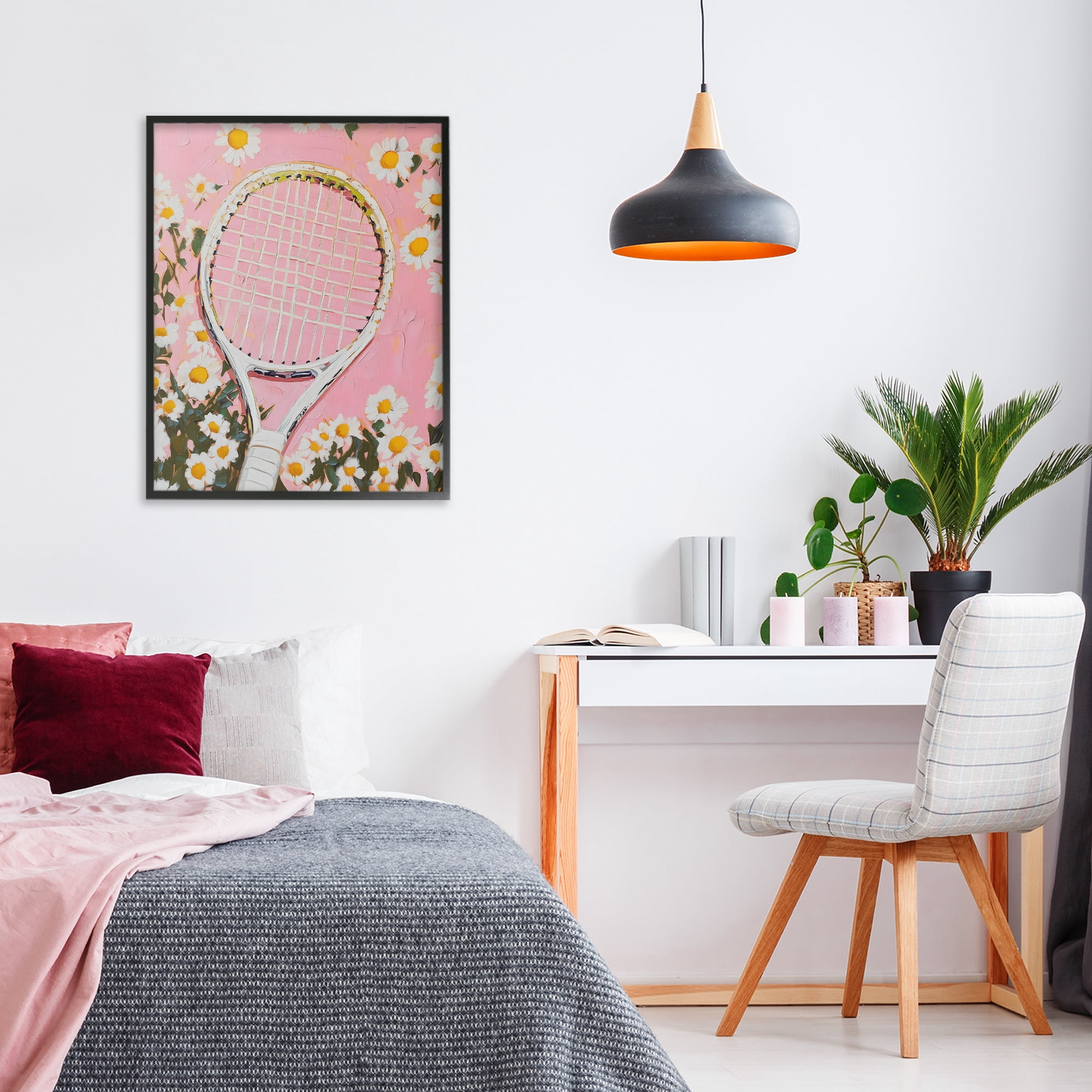Stupell Industries Pink Tennis Racket & Daisies Black Framed Giclee Art, design by LSR Design Studio