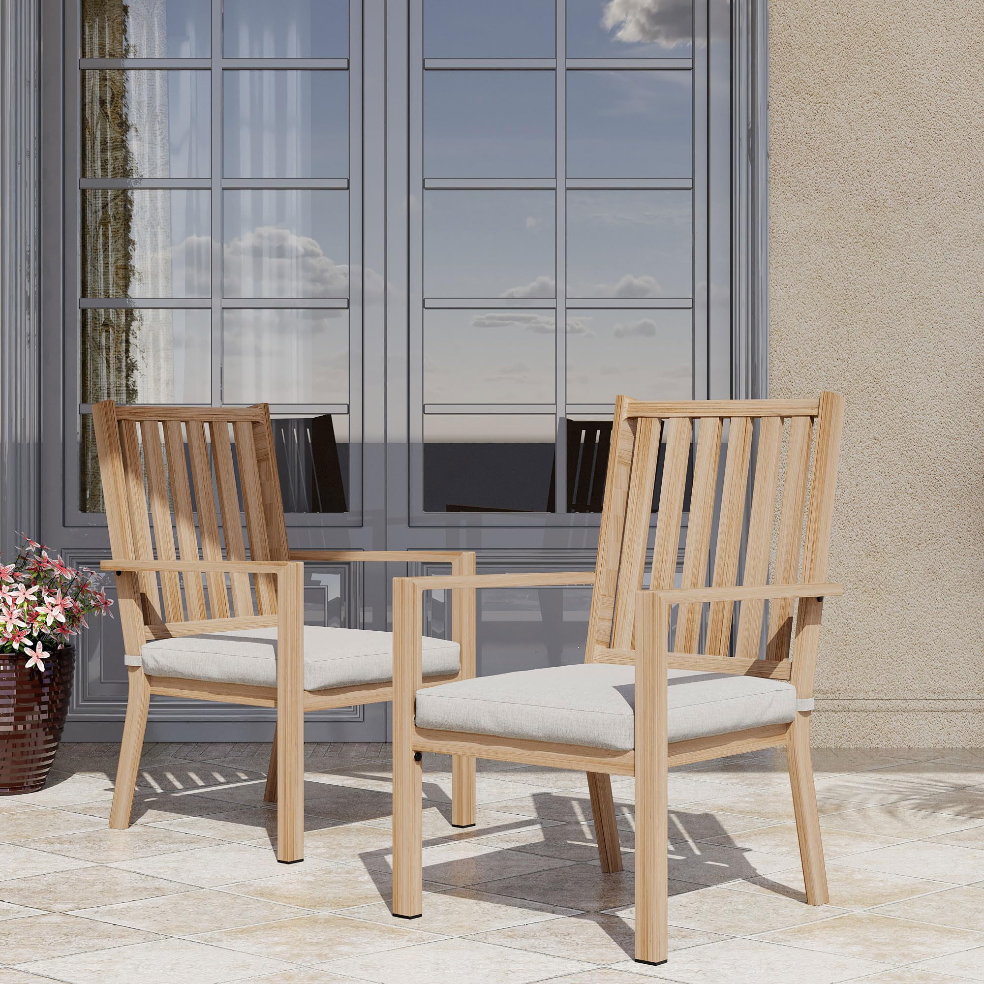 May in Color Patio Dining Chair Set of 2, Aluminum Outdoor Dining Chairs with Waterproof Cushions, Metal Outdoor Patio Furniture Seating for Porch, Balcony, Deck, Backyard, Light Wood Color