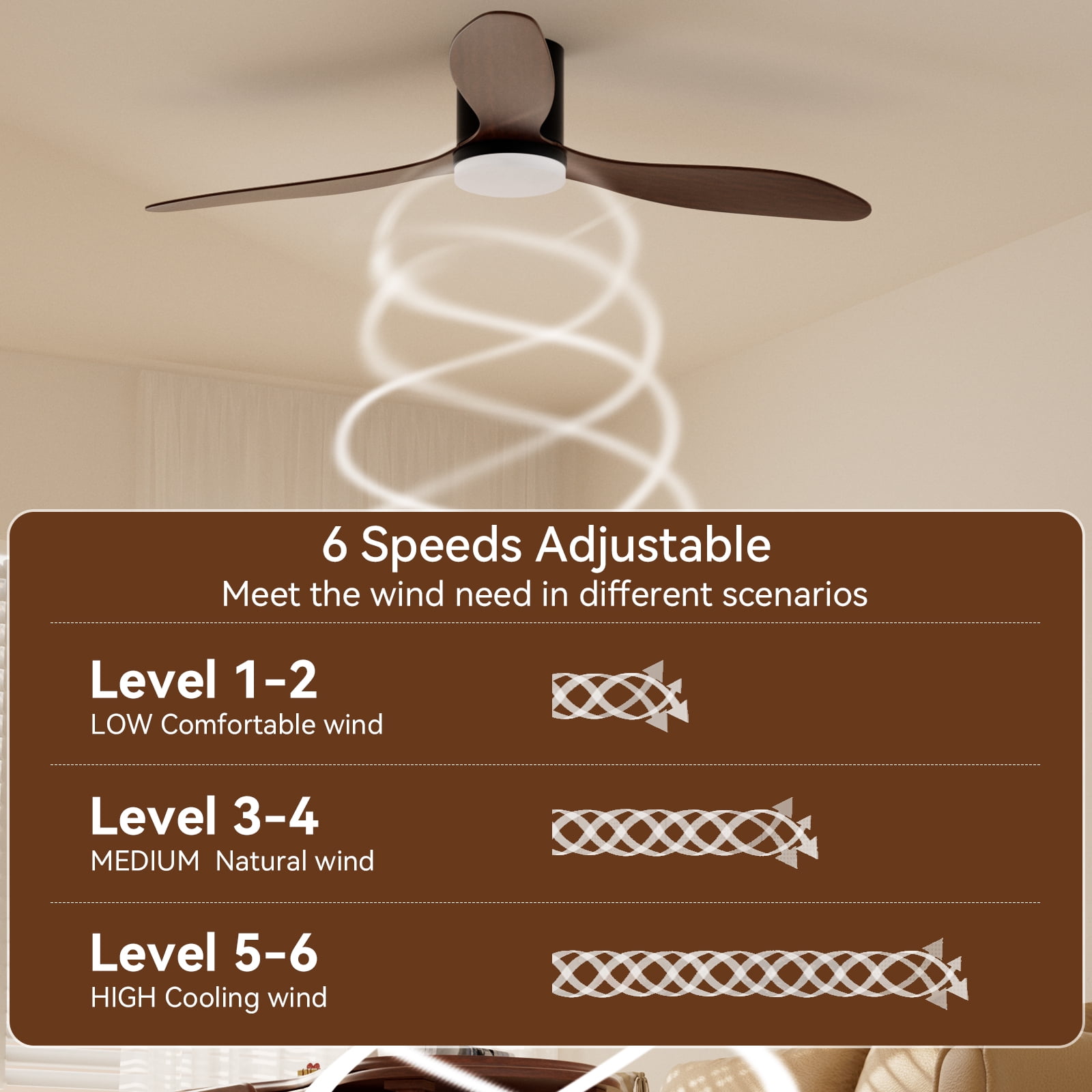 Ceiling Fans with Lights, 52 Inch Low Profile Ceiling Fan with Remote/App Control, Flush Mount, DC Reversible Motor, Dimmable LED for Bedroom,Indoor/Outdoor Use