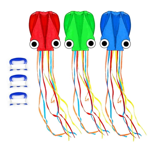 Mint's Colorful Life 3 Pack Octopus Kite, Large 3D Software Kites for Kids and Adults with Long Tail, Huge Easy Flyer Kites for Beach Trip Family Games and Activities (Red&Green&Blue)