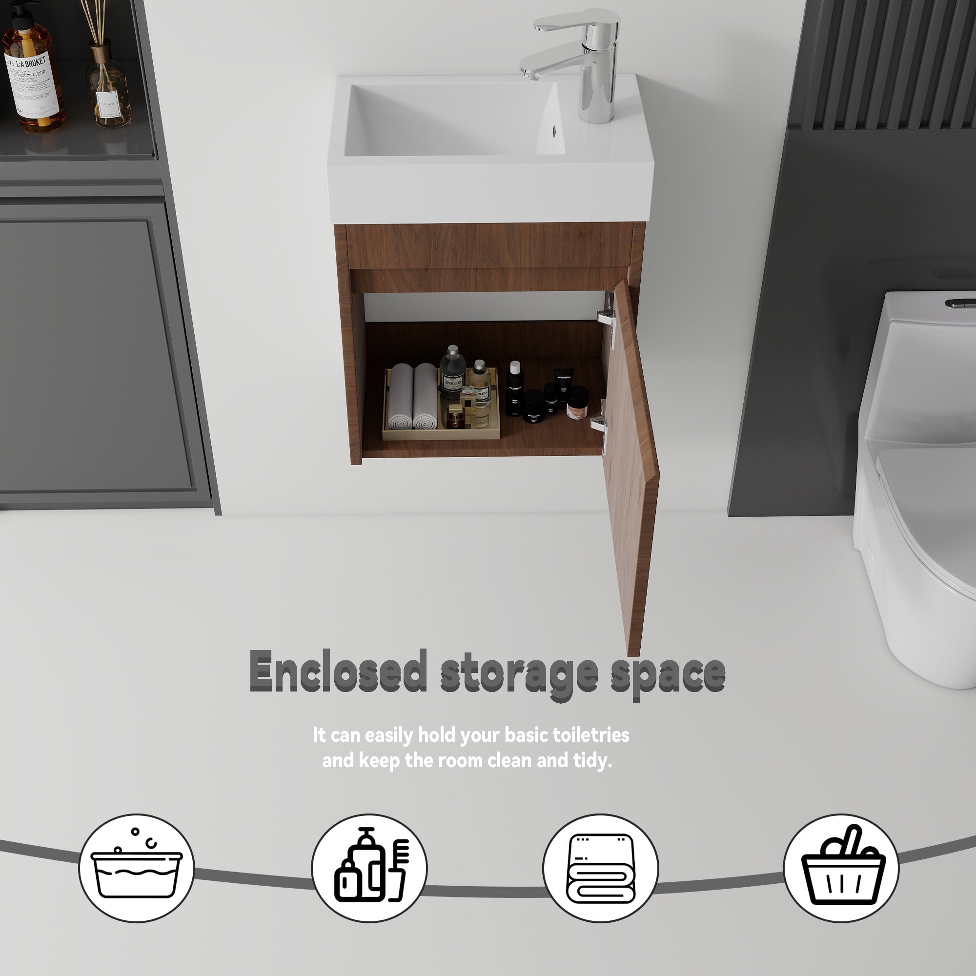Leumius 18" Floating Bathroom Vanity with Ceramic Sink,Modern Wall Mounted Basin Cabinet with Soft-Close Doors for Small Bathrooms,Brown