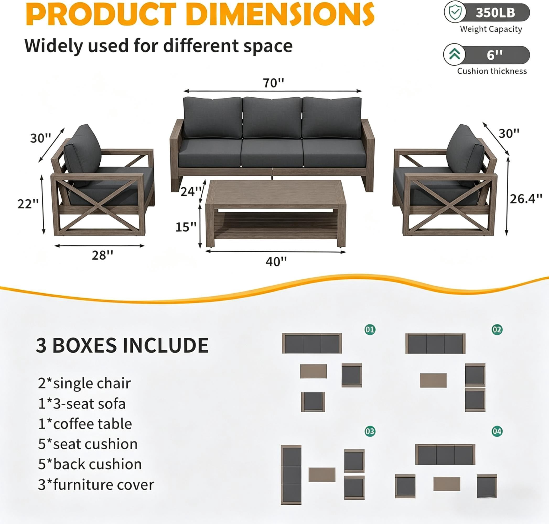 ELPOSUN Aluminum Outdoor Patio Furniture Set,6-Pieces Modern Metal Outdoor Furniture, Faux Wood Grain Finish Frame Patio Conversation Sofa Sets with 6"Thick Cushion for Porch,Backyard,Deck,Gray