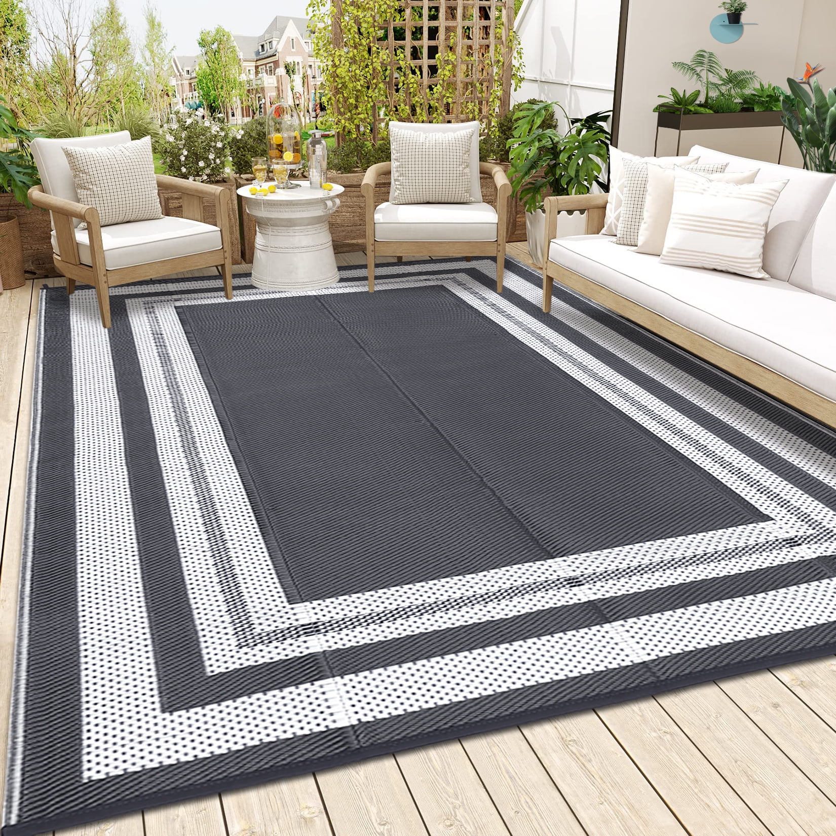 HOMERRY Geometric Border Outdoor Rug Straw Plastic Area Rug for Balcony Pool RV Waterproof Reversible Carpet, White/Gray, 9'x 12'
