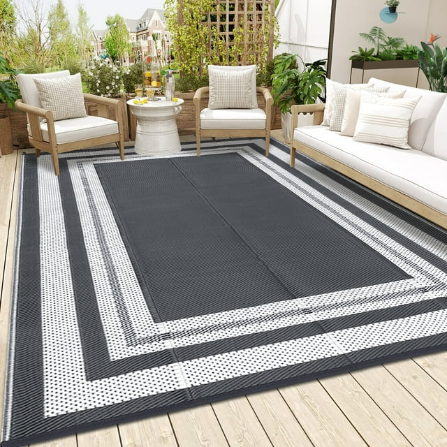 Hasoo 9' x 18' Gray/White Outdoor Rug Plastic Straw Rug Geometric Border Waterproof PP Tube Woven Picnic Mat for Patio Decor Porch Balcony Picnic Rug