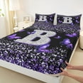 thumbnail image 3 of Feelyou Fashion Monogrammed B Bed Sheets, Bling Butterfly Animal King Sheets, Black Purple Sequin Print Sheet Set, Luxury Bedroom Decor, 4-Piece, 3 of 7