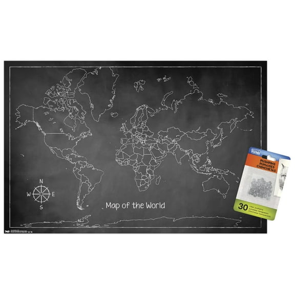 Chalk Map - World Wall Poster with Push Pins, 14.725" x 22.375"