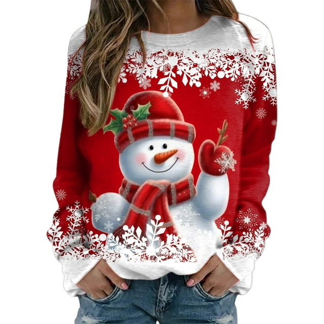 WEAIXIMIUNG Sweat à Capuche Zippé pour Femmes, Imprimé Joyeux Noël, Col Rond, Pull Décontracté à Manches Longues, Blouse Ample