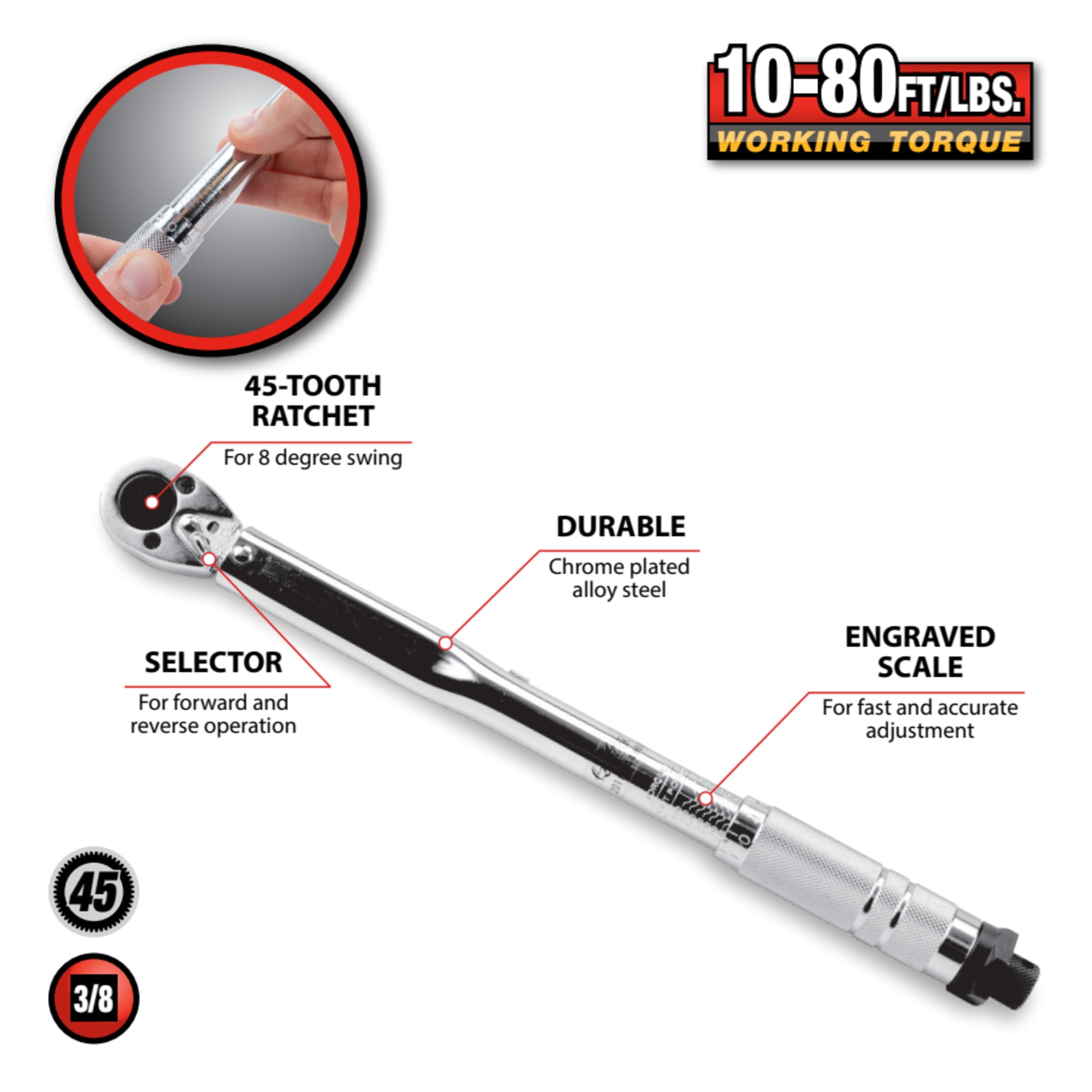 Performance Tool M238 Click Torque Wrench - 3/8 Inch Drive, Adjustable 10 to 80 lbs ft. for Automotive Repair, Garage Maintenance, Chrome-Plated, Calibrated Torque Control