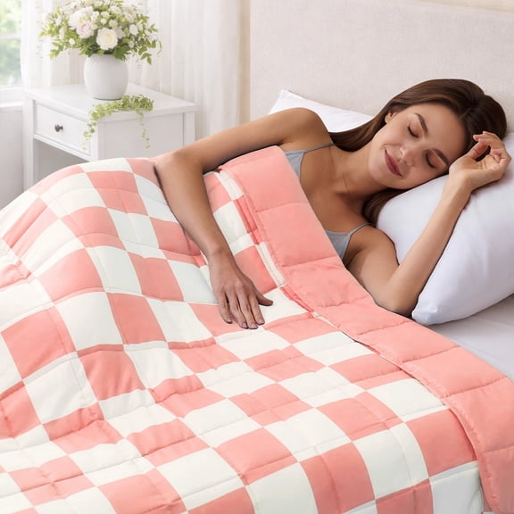 Teler Checkered Weighted Blanket for Adults 20 lbs, Soft Cooling Heavy Blanket for Sofa Bed, 60" x 80", Pink
