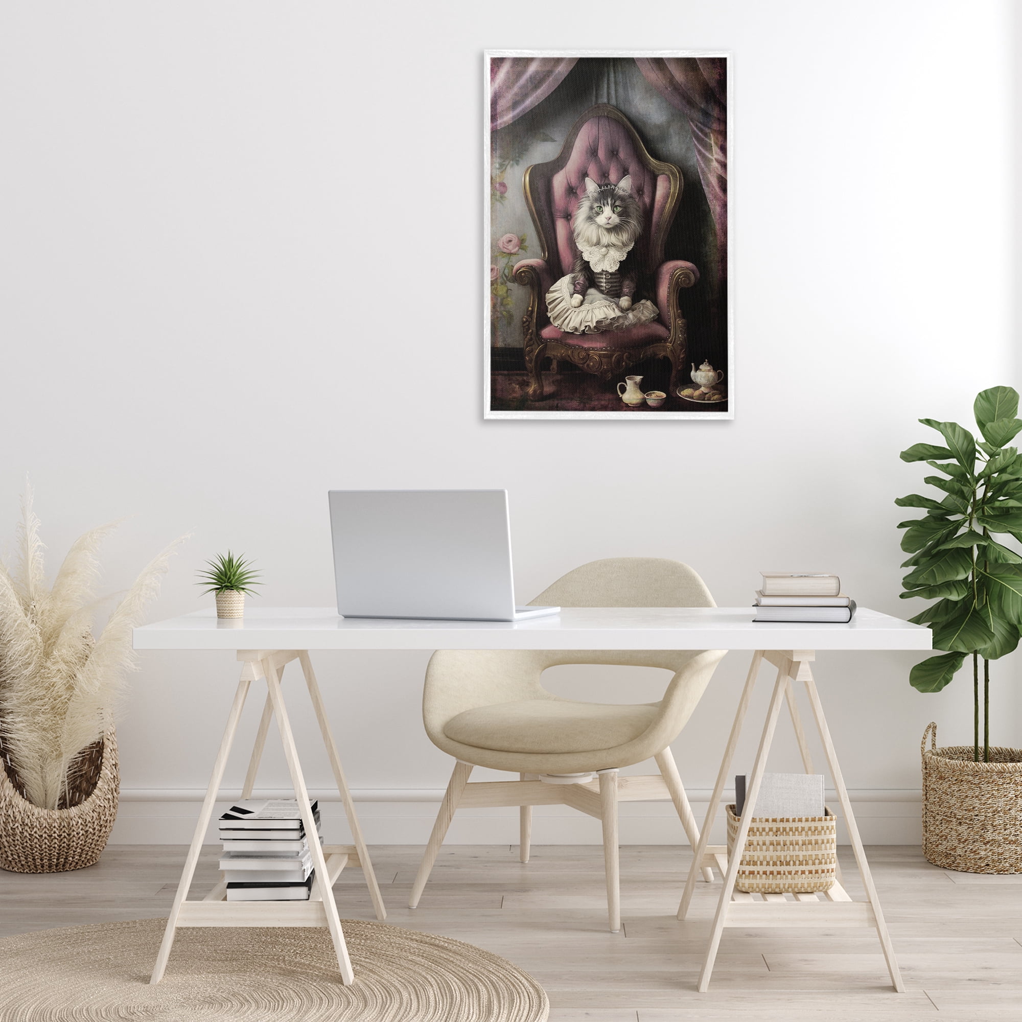 Stupell Industries Royal Cat & Tea Novelty Painting White Framed Art Print Wall Art, 20 x 30