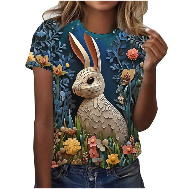 Tops de Ajuste Suelto para las Mujeres Sudadera Casual Impresa Manga Corta Cuello Redondo Superior, Poliéster