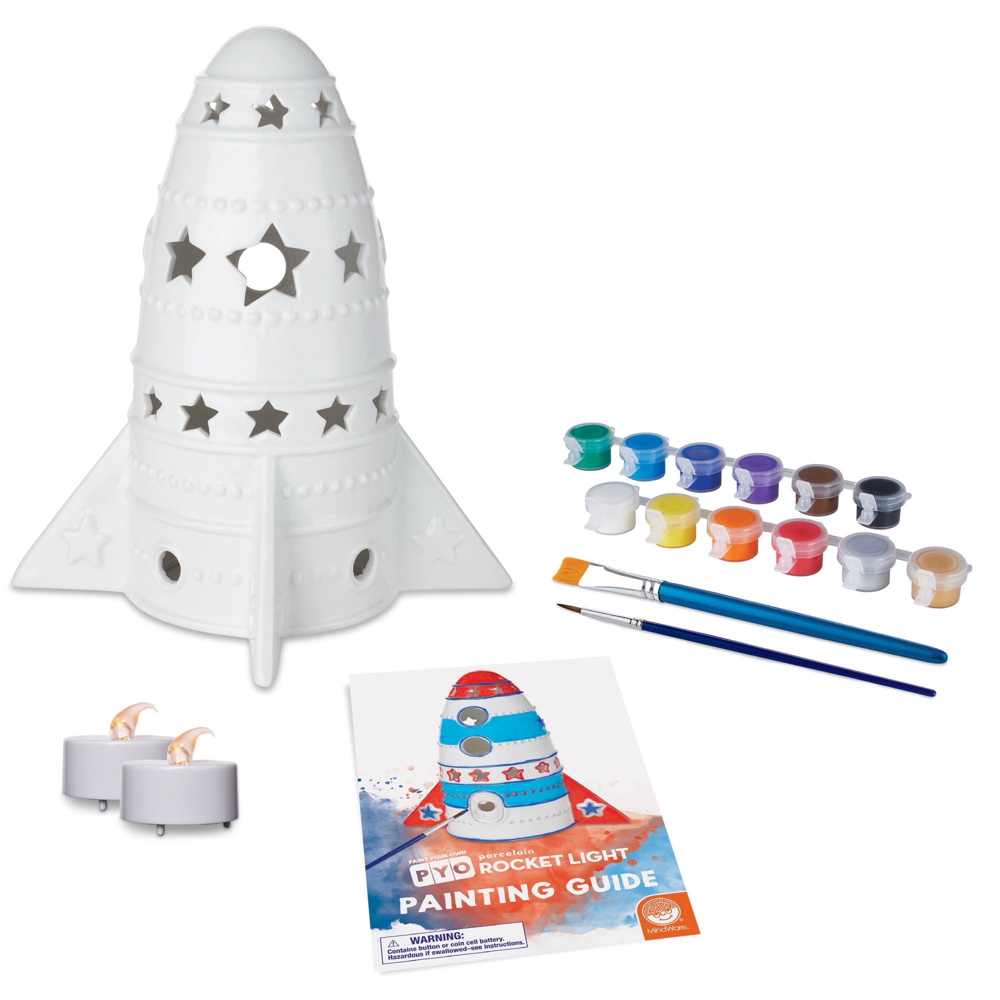 MindWare Paint Your Own Porcelain: Rocket Light with 2 tea lights, 12 paints & 2 brushes, Creative paintable pottery crafts & gift kits for kids