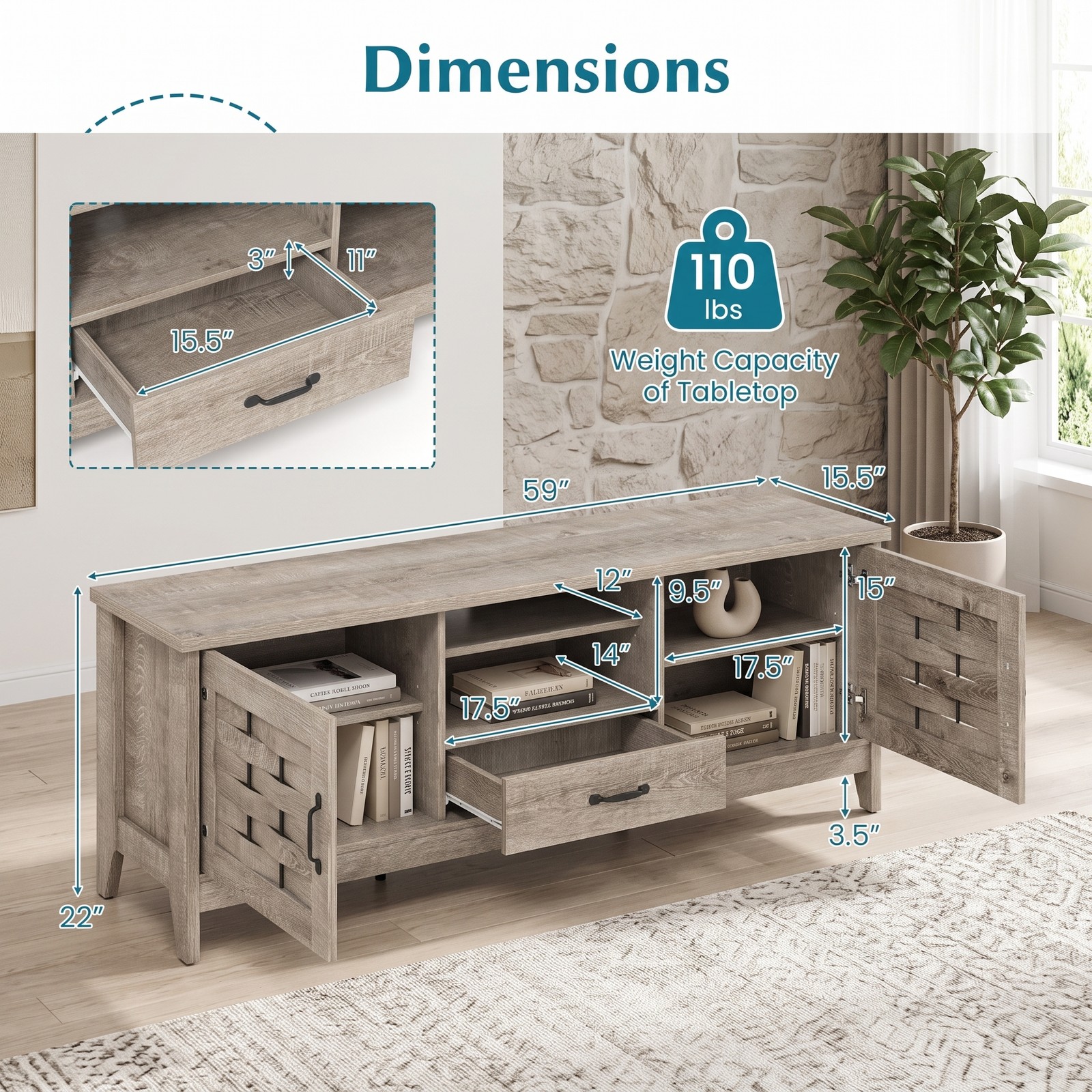 Furnibear Farmhouse TV Stand for 65 Inch TVs, Wood Entertainment Center with 2 Woven Accent Doors, 3 Adjustable Shelves and Drawer, Media Console Table for, Rustic Oak
