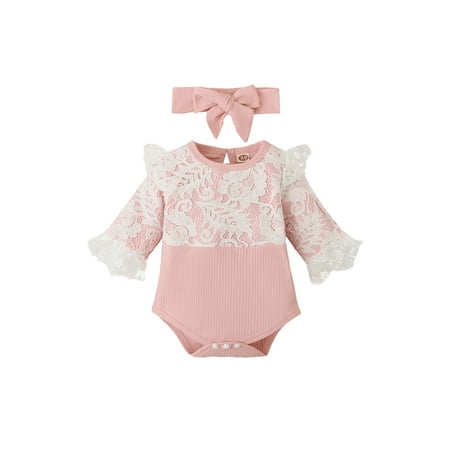 

Amuver Baby Girls Romper Set Long Sleeve Crew Neck Lace Patchwork Romper with Hairband