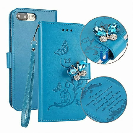 iPhone 8 Plus Case, iPhone 7 Plus Case, Allytech 3D Bling Luxury Handmade Flip Wallet Case Jewelry Crystal Diamond Butterfly Embossed Floral PU Leather Card Slot Magnetic Wristlet Cover, (Best Wristlet For Iphone 7 Plus)