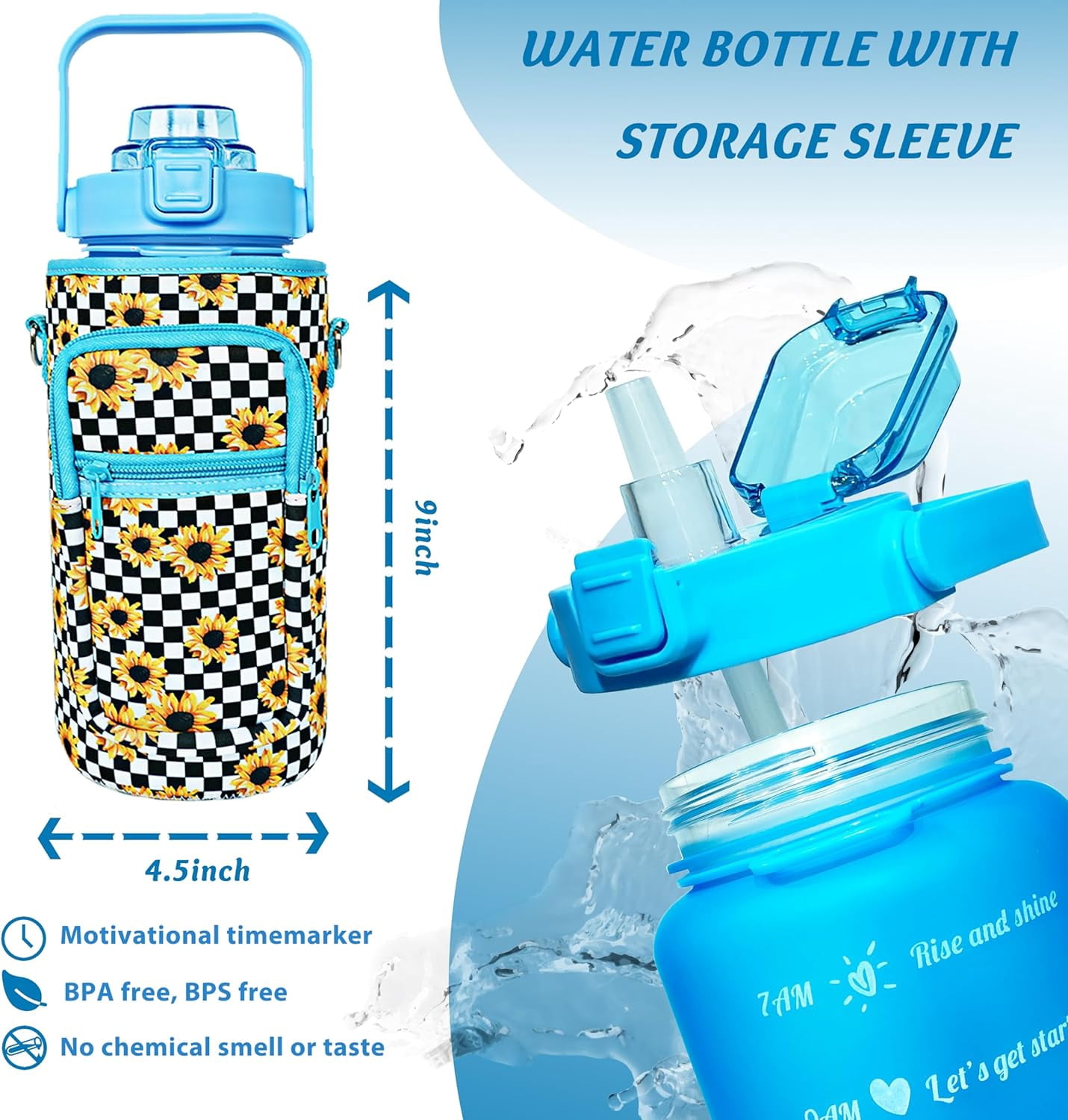 64 oz Water Bottle with Straw Sleeve & Strap Motivational Half Gallon Water Jug with Handle for Gym Women Men Aesthetic Water Bottle with Strap Bird