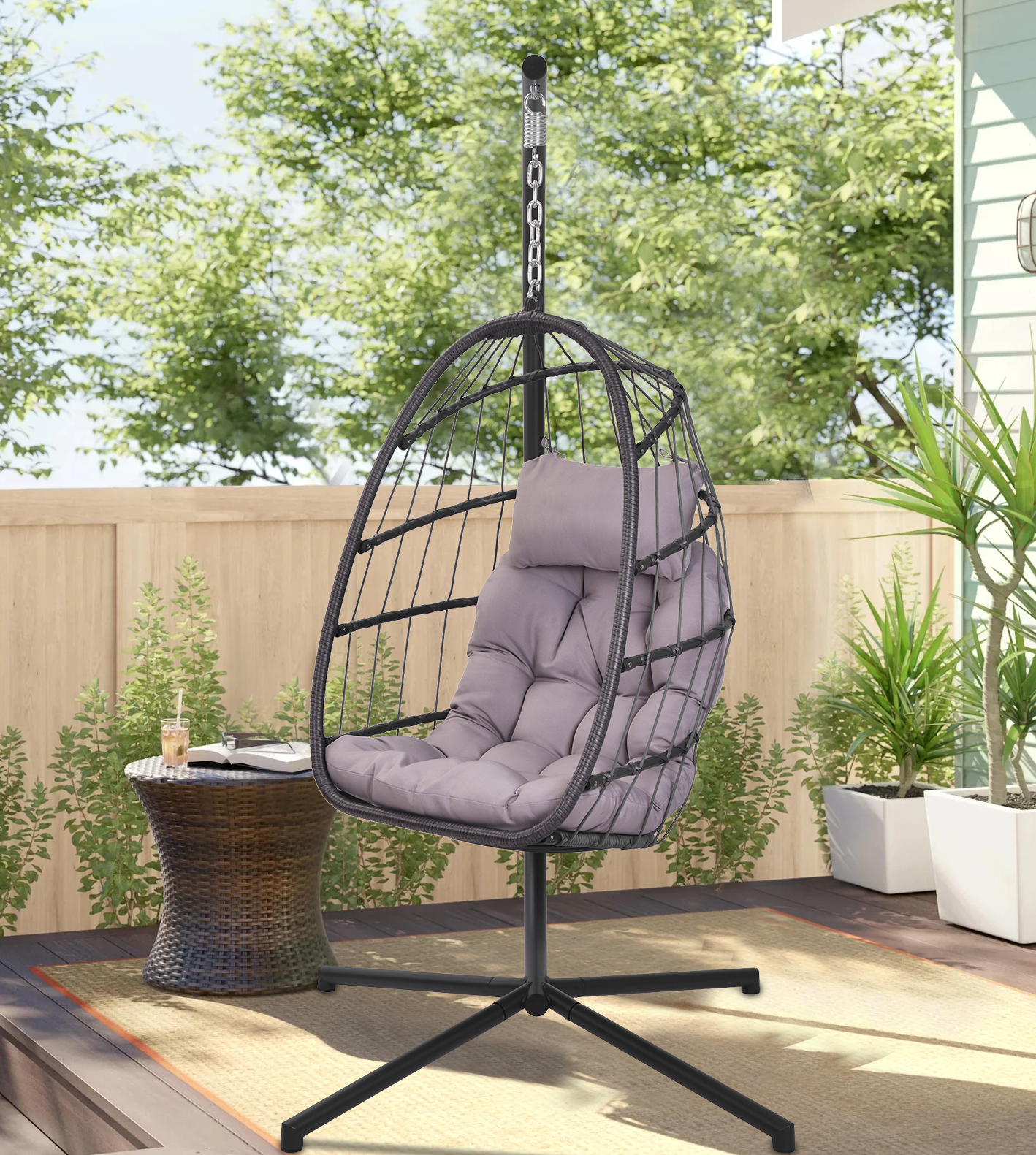 Outdoor Swing Chair, Wicker Egg Chair with Stand and Cushions, Hanging Chair for Bedroom Patio Porch Balcony, Hammock Chair Outdoor Lounger, Gray - image 1 of 6