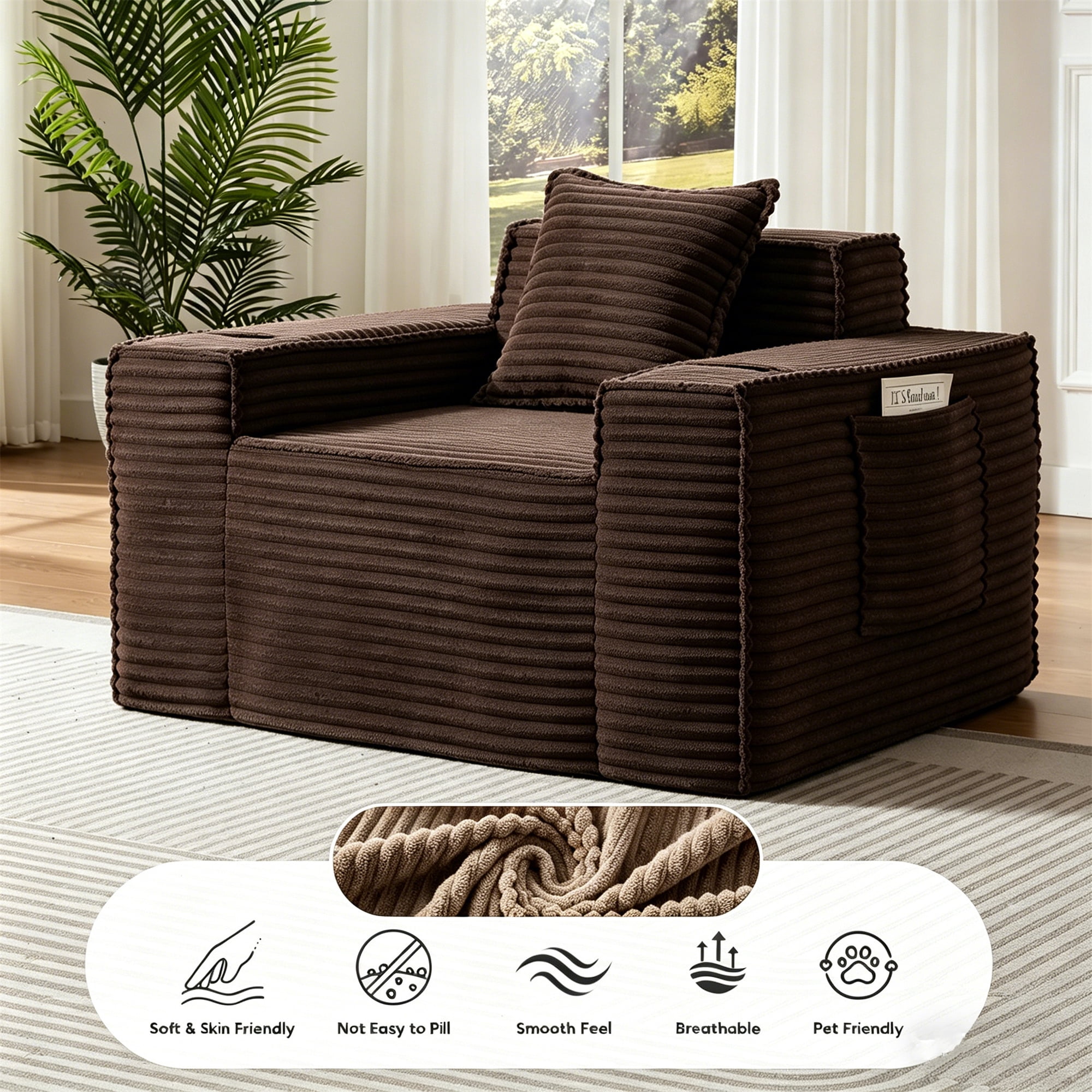 Aukfa 3 Piece Boneless Couch Set, Cloud Sofa Armchair w/ 2 Cup Holders&Storage Pockets for Living Room, Corduroy, Brown