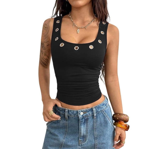 Minjewel Women's Tank Tops Casual Stylish Slim Fit Sleeveless Metal Eyelets Square Neck for Summer Night Beach,Black L