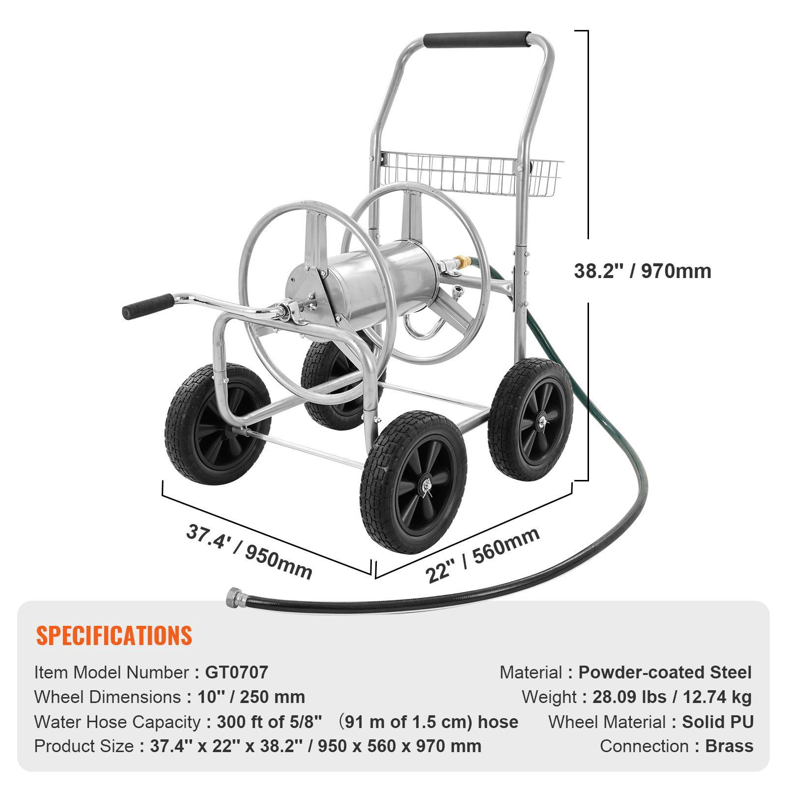 Heavy Duty Garden Hose Reel Cart with Storage Basket 4 Wheels Holds 300 ft 5/8 Inch Hose for Yard Lawn Outdoor