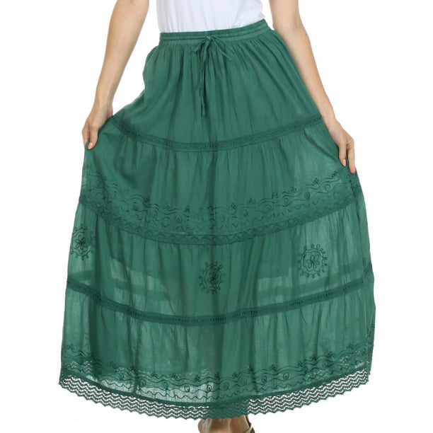 Sakkas Solid Embroidered Crochet Lace Trim Gypsy Bohemian Mid Length Cotton  Skirt - Olive - One Size - Walmart.com
