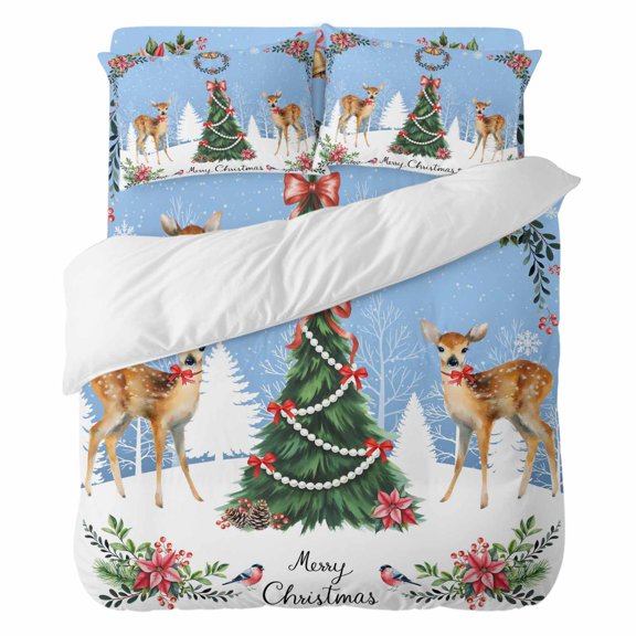 Duvet Cover Set Queen Size 4 Pieces, Christmas Tree Pink Flowers Comforter Cover Soft Bedding Sets, Winter Deer Bird Bed Set Include 1 Duvet Cover, 2 Pillow Shams, 1 Bed Sheet for All Season