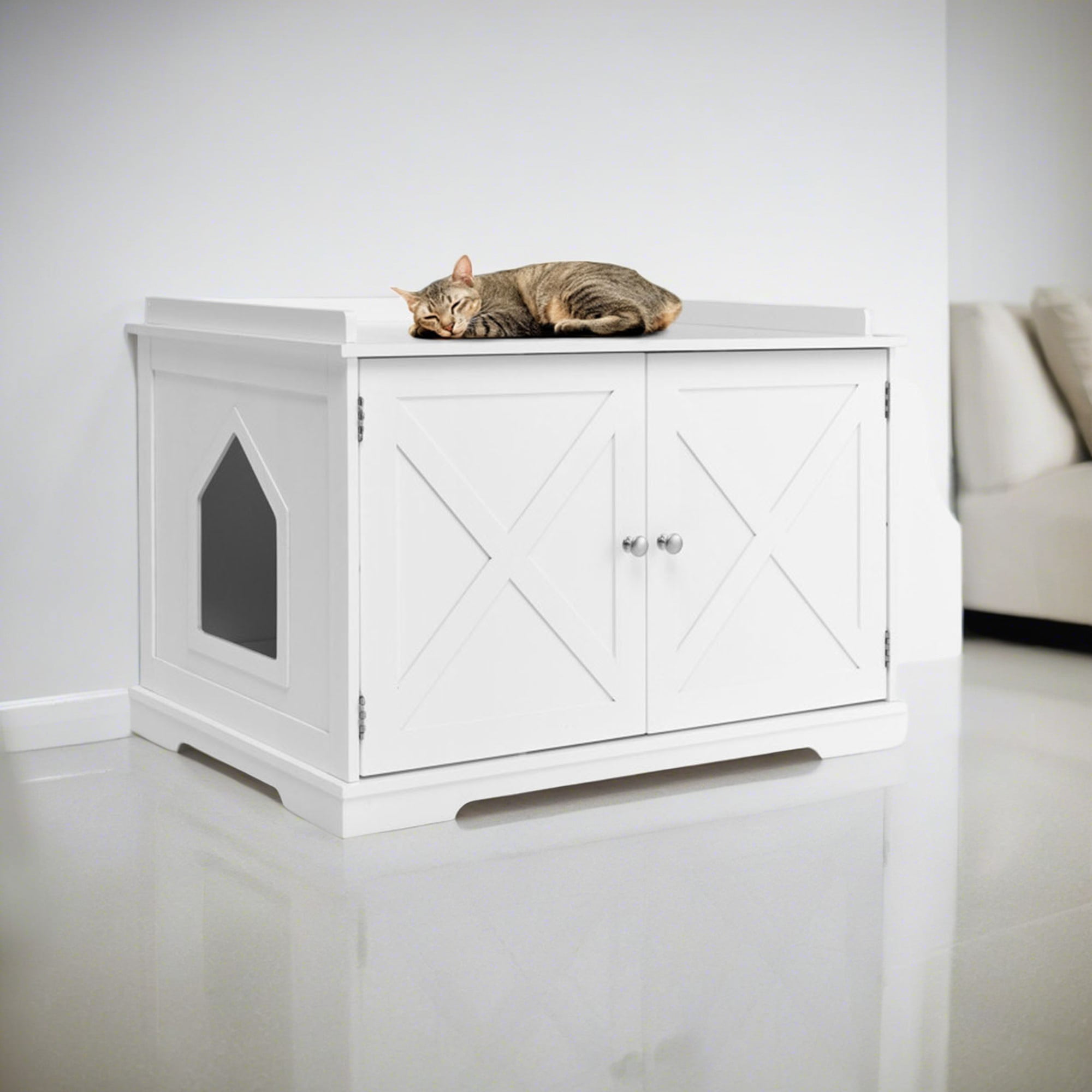 Kadyn 34" Large Enclosed Cat Litter Box Enclosure, Wood Hidden Cat Washroom, Cat House with Magazine Rack, White