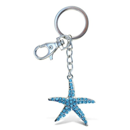 Aqua79 Turquoise Starfish Keychain - Silver 3D Sparkling Charm Rhinestones Fashionable Stylish Metal Alloy Durable Keyring Bling Crystal Jewelry Accessory, Clasp For Keychain, Purse, Backpack, Handbag