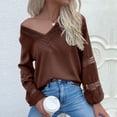 thumbnail image 4 of JSKUMAR Ladies Elegant Blouses Long Sleeve V Neck Dressy Tops Lace Patchwork Hollow Out Casual Loose Shirts Comfort Pullovers Coffee,XL, 4 of 5