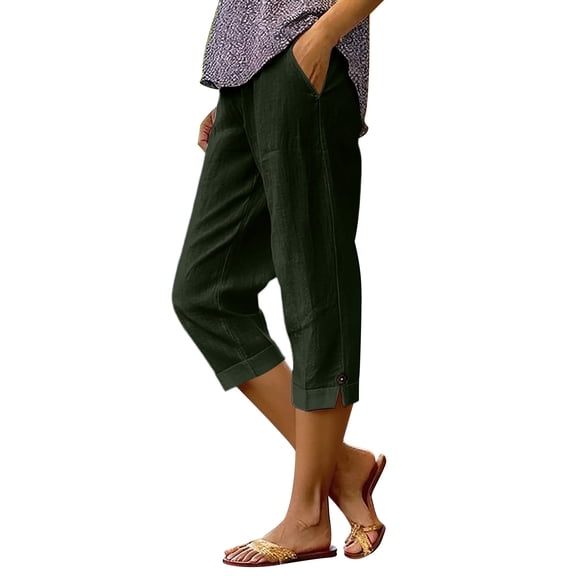 Yievot Cotton Linen Capri Pants for Women Elastic Waist Cropped Trousers Summer Beach Vacation Capris with Pockets