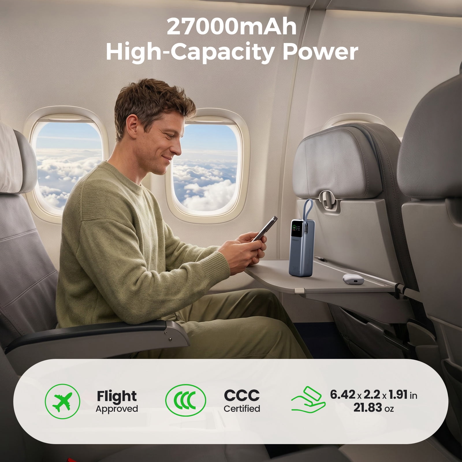 PISEN 3C Certified Power Bank, 27000mAh 240W Power Bank with Built in Cable, Travel Battery Pack Portable 3C Charger with LED Display, Portable Charger with Built in Cable for iPhone, Samsung and mor