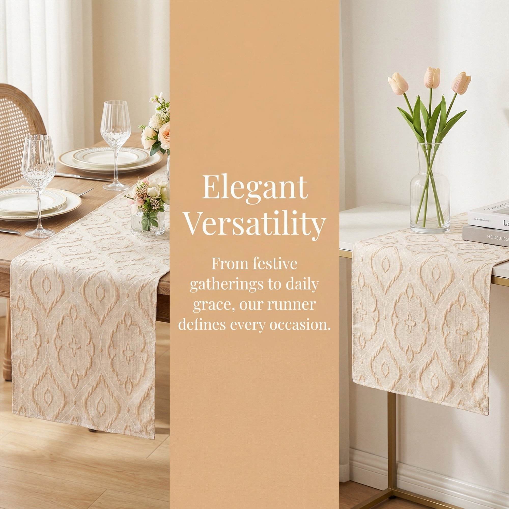 Unique Bargains Long Washable Polyester Runner Table Runner for Table Beige 13.8"x63"