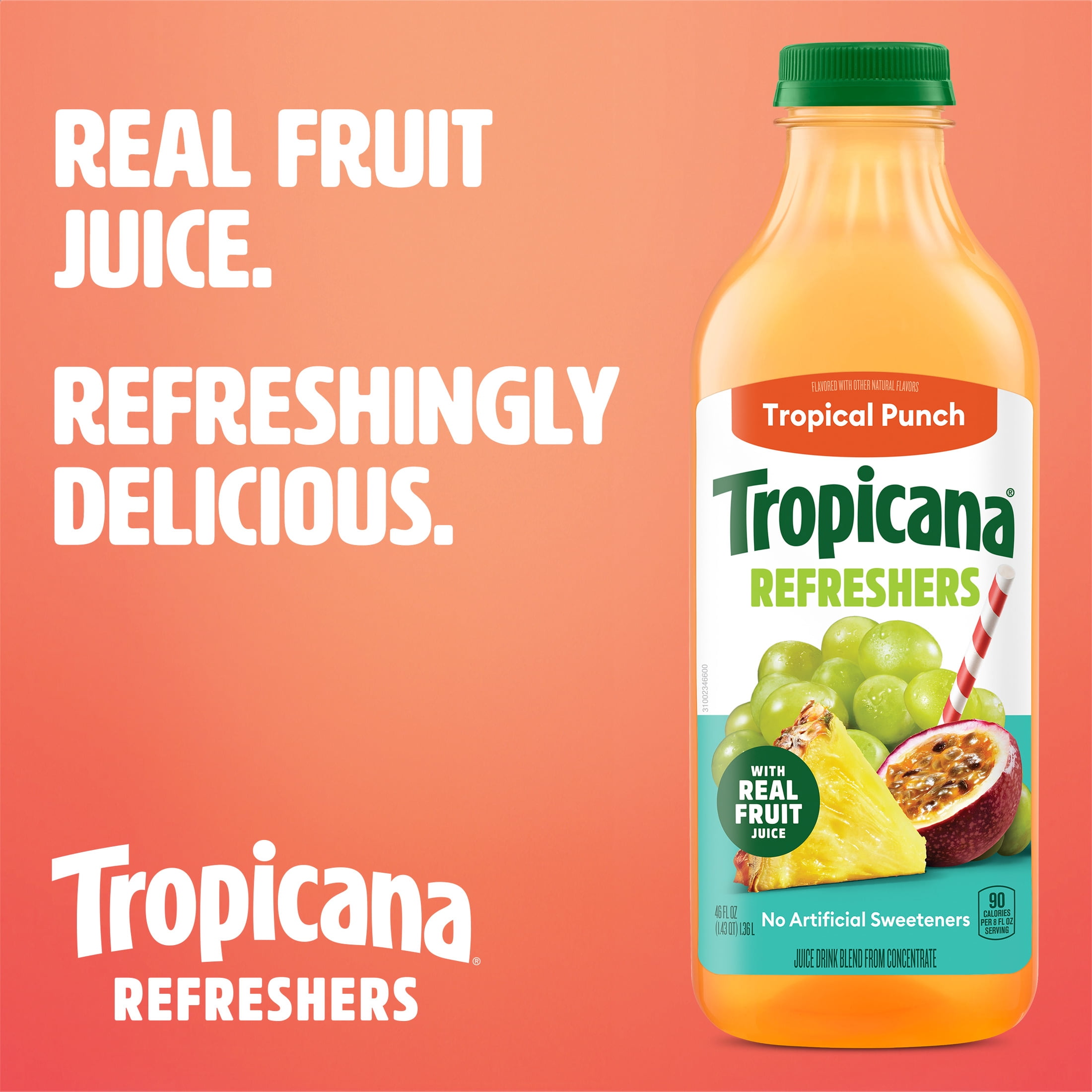 Tropicana Refreshers Tropical Punch Juice Drink, with Real Fruit Juice, 46 fl oz Bottle